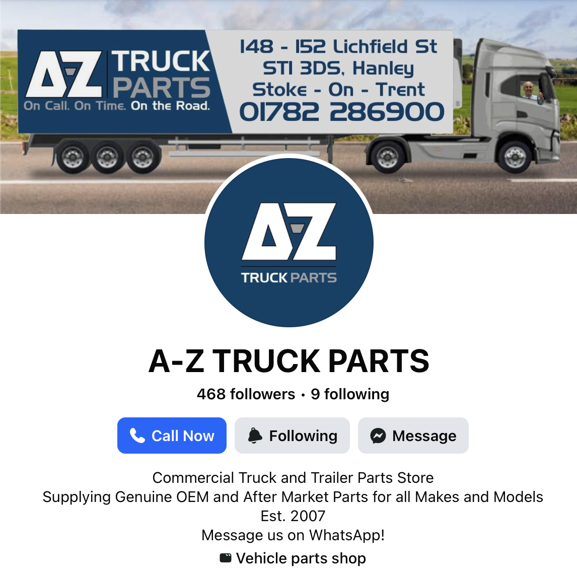 A-Z Truck Parts Facebook Feed showing HGV parts updates