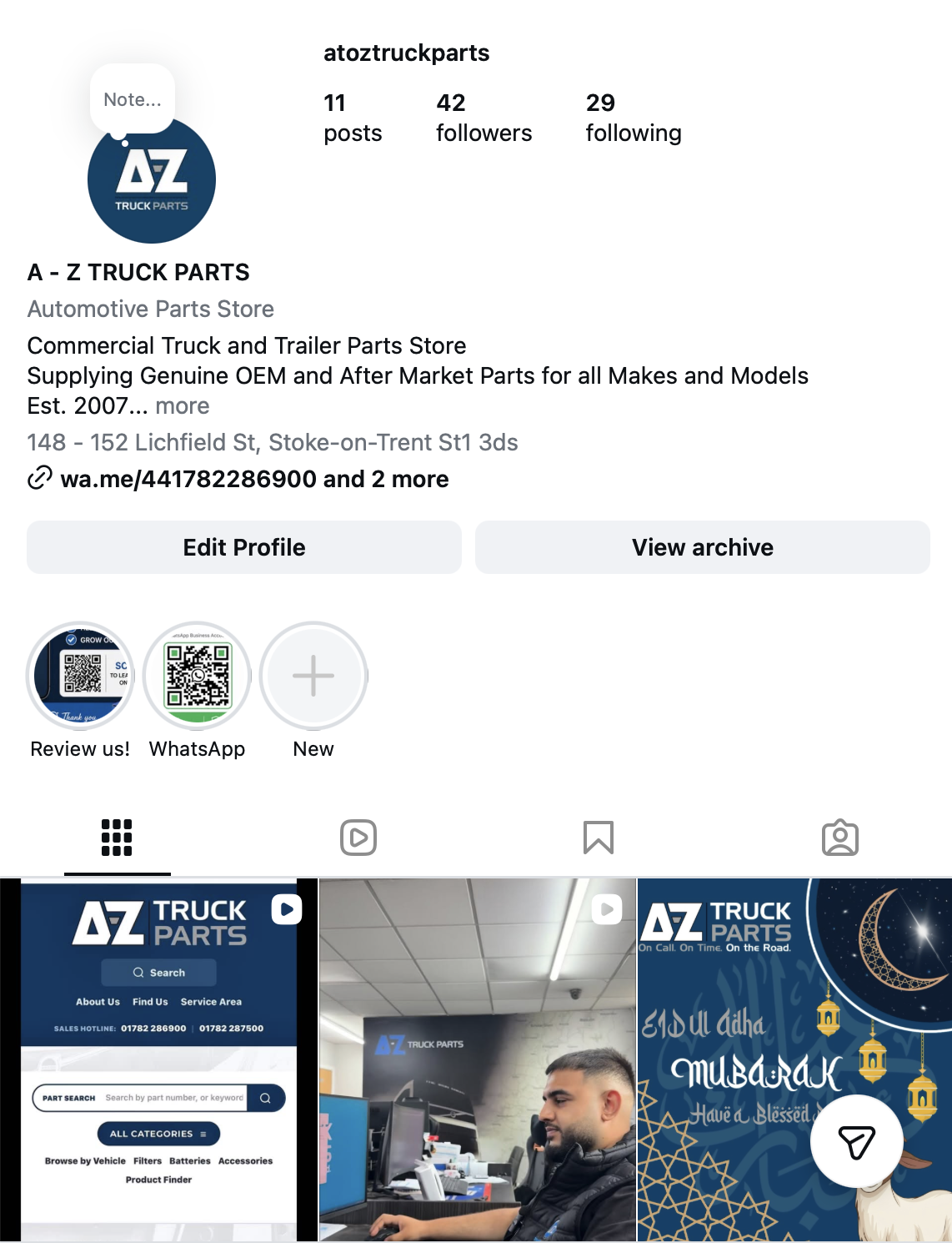 A-Z Truck Parts Instagram Feed showing truck components